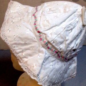 Vintage White Eyelet pink flower embroidered Hat